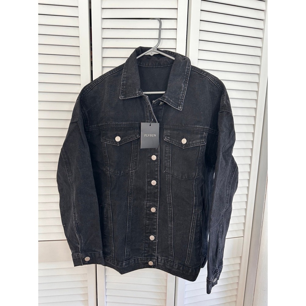 Women's Denim Jacket Black Distressed Lapel Button Up Long Sleeve Retro‎ Washed